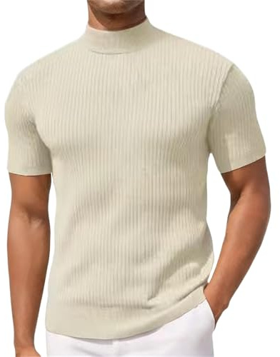 Herr Mock Neck T-shirts kortärmad rund hals ribbstickad pullover sommar vardaglig bastoppar