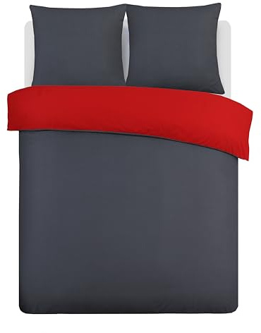 Vision Juego de Cama Reversible 100% Algodón – Roja Antracita – Cama Doble (155x220 cm) – Incluye Funda Nórdica y 2 Fundas de Almohada (80x80 cm) – 57 Hilos, Suave y Confortable, Certificado Oeko-Tex