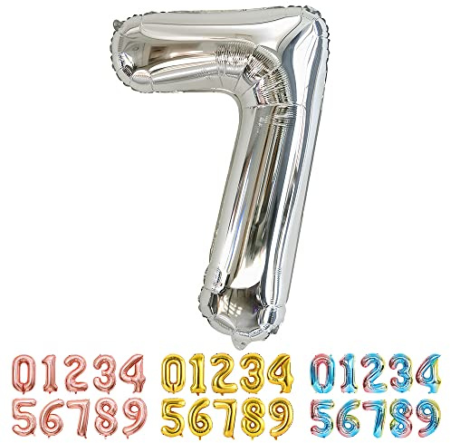 Ponmoo Foil Balloon Number 7 Silver, Giant Numbers 0 1 2 3 4 5 6 7 8 9 10-19 20-29 30-39 40-49 50-60-70-80-90-100, Large Balloons for Wedding Anniversary Birthday Party Decoration