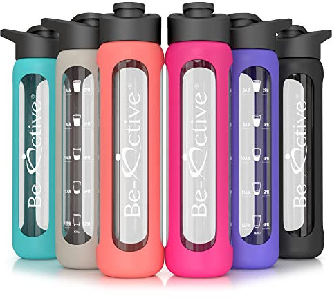 Be-Active Glass Water Bottle 700ml Flip Top with Times to Drink | Borosilicate Glass | Motivational bottles | BPA Free | Eco Friendly (Electric Purple)
