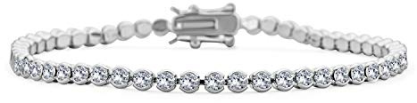 Bling Jewelry Bracciale Tennis da Donna per Matrimonio, Festa, Nuziale, con Zirconi Cubici Chiari, Circolare, Solitario AAA CZ, Sottile, con Castone a Bolle, Placcato Argento, 8 Pollici