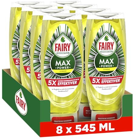 Fairy Max Power Zitrone Handgeschirrspülmittel 8x545ml, effektive Formel für sauberes Geschirr und Fettlösekraft bei fettigsten Töpfen und Pfannen, Flasche mit Auslaufschutz