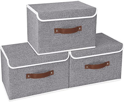 Yawinhe Storage Boxes with Lids 3 Pack, Collapsible Bin with Handle, for Organizing Clothes, 33x23x20cm, Grey, SNK018GY-S