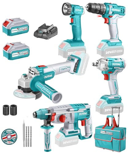 Set Utensili Elettrici 5 Pezzi, Smerigliatrice Angolare, Martello Perforatore, Trapano Avvitatore, Avvitatore a Impulsi, Lampada da Lavoro