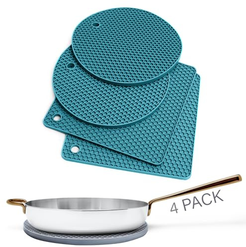 Silicone Trivets for Hot Pans and Pots (2 Pack) - Multipurpose Silicone Heat Resistant Mat and Pot Holder Trivet -Heatproof Mats for Kitchen by Linda's Essentials 2 Round 17.7cm + 2 Square 18.5cm-Teal