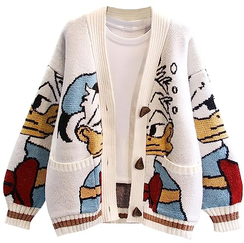 Leyoutx Womens Cute Embroidery Cartoon Duck Cable Knit Cardigans Sweater Button Down Slouchy Wool Blend Coat, White, M
