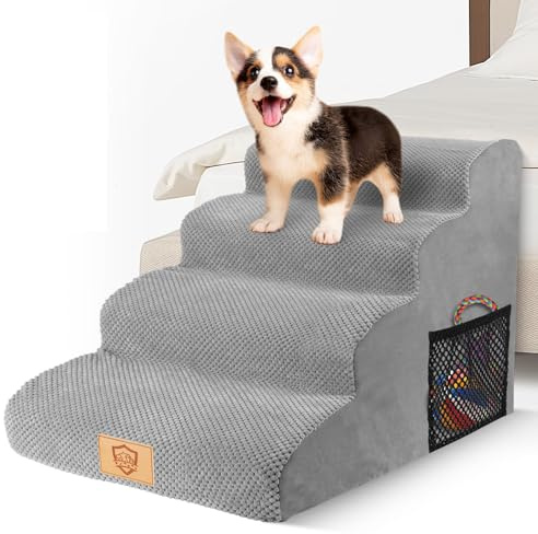 MASTERTOP Scale per Cani 4 Gradini Alte, Scala Schiuma Antiscivolo per Animali Domestici, Scalini Alta per Letto Rialzato e Divano con Copertura Rimovibile e Lavabile (Grigio)