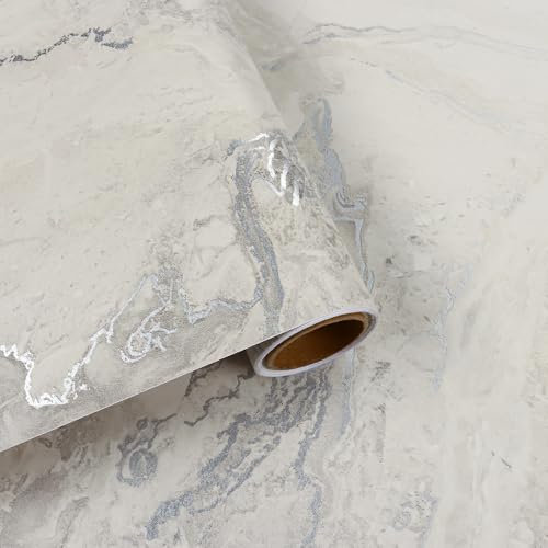 VaryFloral Carta Parati Adesiva Muro Effetto Marmo 30cmx300cm Pellicole Adesive per Mobili Argenté Beige Rivestimento Cucina Addensato Rotolo Adesivo per Mobili Impermeabile Vintage per Cucina