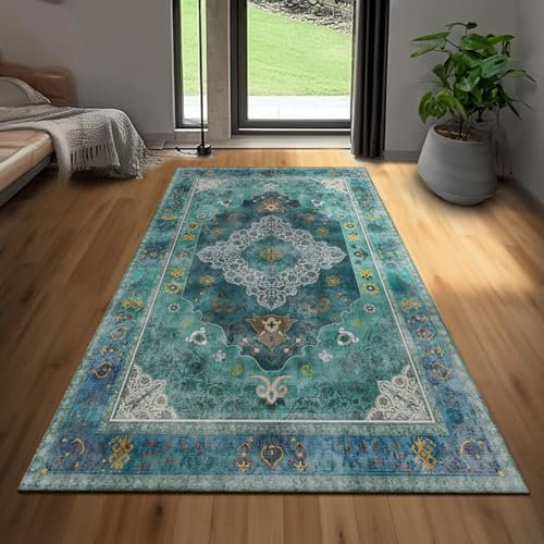 BSGIFT Teppich Läufer 80x150, Waschbarer Teppich Bettvorleger Schlafzimmer rutschfest, Boho Kurzflor Vintage Rug für Küche Esszimmer Wohnzimmer, Orientalischer Teppiche Grün