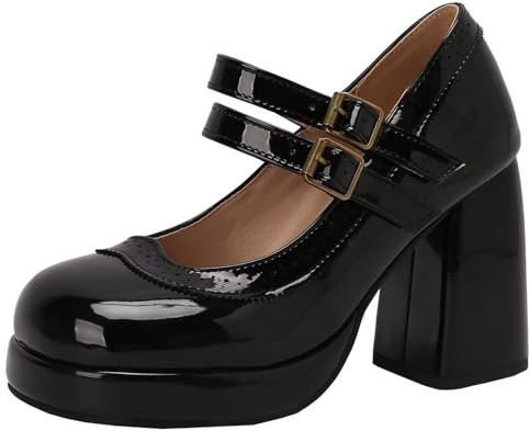 HSyc JRX Mary Jane Escarpins à talons hauts pour femme avec boucle vernie, Noir , 40 EU
