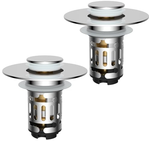 2PC-Hibbent Tappo Lavandino Bagno Universale e Filtro Rimovibile, Scarico Lavabo Bagno Universale Pop up Adatta per modelli da 25 a 46 mm, Filtro Scarico Lavabo Bagno Valvola Piletta Click Clack,Cromo