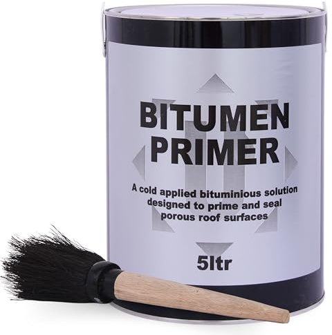 Bitumen Primer 5 L with Brush Included – Cold Applied, High Penetration Solution for Sealing, Priming Porous Surfaces, Quick Drying & Waterproof Primer Rain Resistant for Concrete, Metal, Cement
