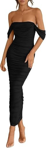 Hanaoops Vestido de Fiesta Mujer Maxi Vestidos Sexy Hombros Bodycon Vestido Largo Elegante Sólido Vestidos sin Mangas Moda Slim Fit Fruncido Vestido para Cóctel Partido Playa Club
