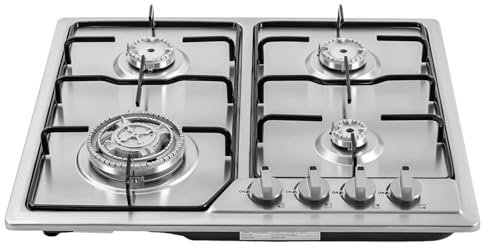 Donened Fornello a gas da incasso in acciaio inox, 4 fuochi, con spegnimento automatico del gas, per uso domestico e commerciale, argentato