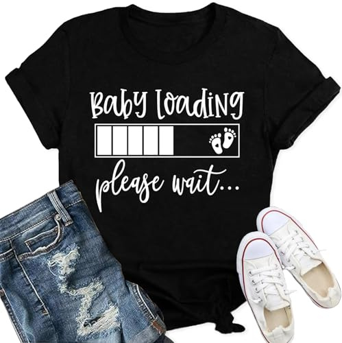Qskall Pregnancy Reveal T Shirts for Women Mom to Be Shirt Baby Loading Please Wait Tee Tops Black