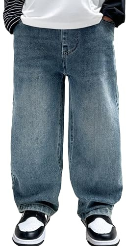 Happy Cherry Boys' Jeans Teenager Cargo Trousers Vintage Baggy Children's Wide Leg Streetwear Hip Hop Trouser Casual Straight Denim Pants for All Year Round 160 CM
