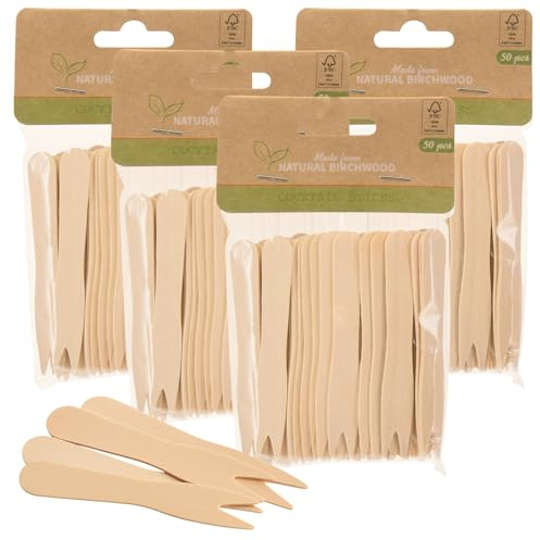 MIJOMA 200 palillos de madera de abedul para cócteles, tenedores de patatas fritas con certificación FSC, tenedores de madera desechables para fiestas, buffet, picnic y camping, 4 x 50 unidades
