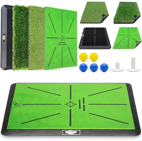 MONOJOY Golf Hitting Mats with Golf Tees Practice Indoor 3 PCS Replaceable Outdoor Golf Putting Chipping Artificial Dual Turf Training Mats Velvet Practice with No-Slip Heavy Duty Rubber Base