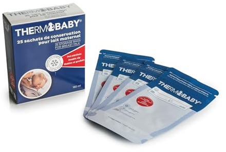 THERMOBABY - Lot De 25 Sachets De Conservation Du Lait Maternel - Sacs de Conservation du Lait Maternel 180 ml - Préstérilisés - Pour Réfrigérateur Et Congélateur
