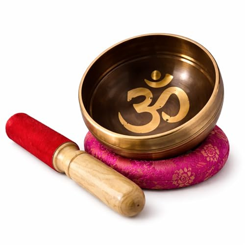 Tibetan Singing Bowl Set - Easy To Play for Beginners - Authentic Handcrafted Mindfulness Meditation Holistic Sound 7 Chakra (OM CARVED, COPPER BLACK, 9cms)