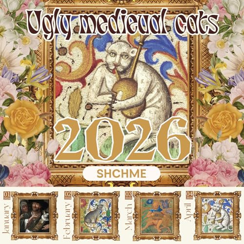 Calendario 2026 con gatti medievali brutti, divertenti regali segreti di Babbo Natale, idee di Babbo Natale segreto, da appendere alla parete, da gennaio a dicembre, calendario con gatti medievali