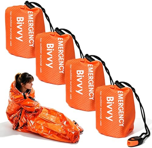 TOATELU Sacco a pelo di emergenza, 4 pezzi, sacco a pelo con fischietto, coperta di emergenza, tenda di soccorso per esterni, impermeabile, ultraleggero e protezione dal freddo, arancione