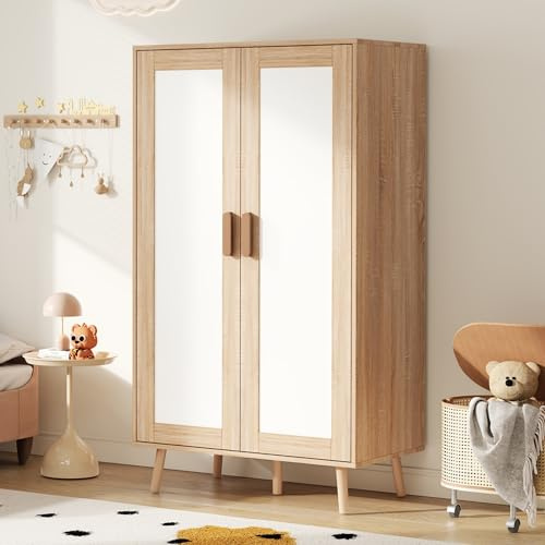 VIVCA Armadio a doppia anta con asta appendiabiti, per camera da letto e cameretta dei bambini, colore bianco e legno naturale, 80 x 46 x 141,5 cm