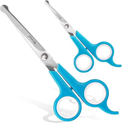 Boshel Dog Grooming Scissors Set of 2 Pet Grooming Scissors - Safety Rounded Tips - Micro-Serrated Smaller Scissor for Face, Ear, Nose & Paw + Larger, Sharp Scissor for Dog & Cat Body Trimming