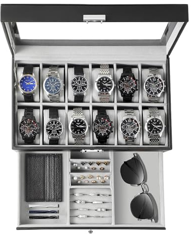 GUKA Watch Box 12 Slot Watch Display Organizer Leather Jewelry Case Drawer Glass Birthday for Men Women, Child Husband Dad