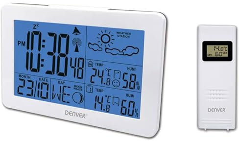 Station météo WS-530WHITE. Thermomètre hygromètre numérique pour la mesure de la température et de l'humidité intérieure/extérieure. Prévisions météorologiques. Fonction horloge et fonction réveil