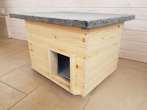 Lösche Holzbau Katzenhaus mit Heizung, Lasur Natur, wetterfest isoliert, Katzenhütte Wurfkiste Hundehütte