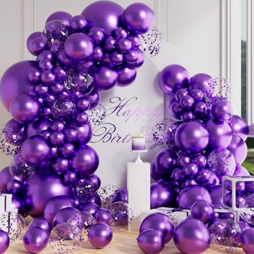 AULE Kit Arco Palloncini Viola: 100 Pezzi Viola Scuro Coriandoli Set Ghirlanda Palloncini Purple in Lattice Con Nastri per Addio al Celibato Halloween Matrimonio Compleanno Decorazioni