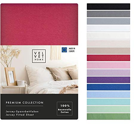 VelvetHome Spannbettlaken 90x200cm 100% gekämmte Baumwolle Made in EU Jersey Bettlaken 90x200 bis 25 cm Matratzenhöhe Spannbetttuch 90x200 Premium Qualität Schönen Farben Rubin 90 x 200