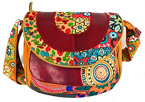 Macha Sac ethnique en coton aux imprimés colorés et empiècements en cuir, Sac à bandouliere Pour Femme Ethnique Indien coloré (Orange) Longueur : 30cm Hauteur : 23cm Soufflet: 8 cm