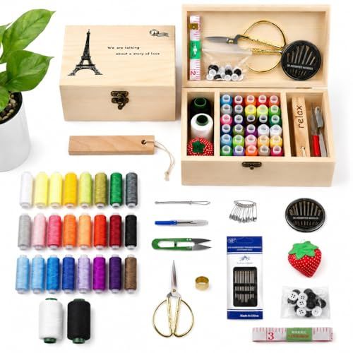 MKNZOME Scatola da Cucito in Legno - Premium Cestino da Cucito Vintage con Accessori da Cucito Completi, Portatile Valigetta Sarta per Principianti, Casa e Emergenza Uso#1