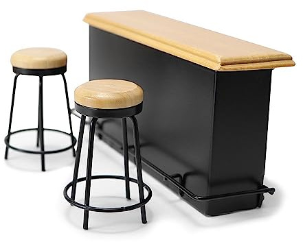 Dollhouse Furniture Metal Bar Table & Chair with Wood Top Pub Set 1:12 Scale Miniature Accessories Bar Counter Stool Mini Dining Coffee Table Model Layout Props Desktop Decor