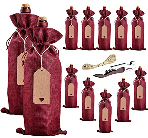 Penubuy Borsa del Vino in Tela con Coulisse, 12 Tappi di Bottiglia con Etichetta e Stringa, Forniture per Feste Riutilizzabili Borsa Regalo Vino (Vino Rosso)