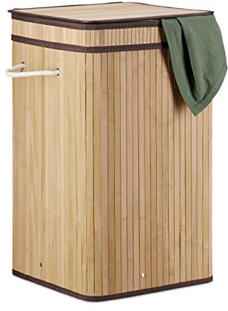 Relaxdays Cesto Ropa Sucia con Tapa, Cubo Colada, Cuadrado, Canasta, Bambú, 70 L, 63 x 36 x 36 cm, Natural