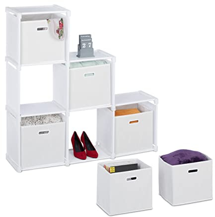 Relaxdays Scaffale Componibile a Scala, 6 Cubi, 6 Box, Acciaio, TNT, Sistema Modulare ad Incastro, 110x108x31cm, Bianco
