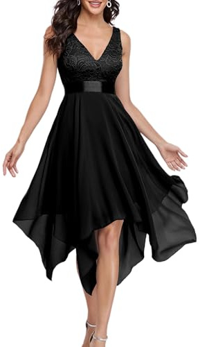 Ever-Pretty Vestiti da Damigella Senza Maniche con Scollo a V Stile Impero Linea ad A in Pizzo Chiffon al Ginocchio con Orlo Asimmetrico da Donna Nero 48