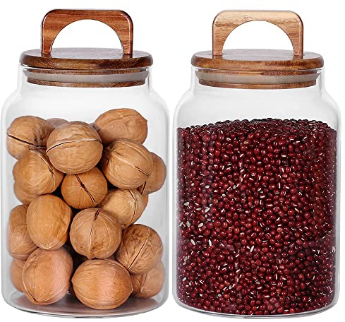 SAIOOL Canister Set of 2, Glass Kitchen Canisters with Airtight Acacia Lid, Tall Clear Airtight Food Storage Jar, Kitchen Pantry Storage Container for Noodles Flour Cereal Coffee