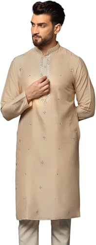 KISAH Men's Kurta – Mirror Work Embroidery Cotton Blend Tunic with Mandarin Collar, Regular Fit – Indian Wedding Outfit for Men – Festive Wear for Diwali, Eid & Celebrations, Cream, 40