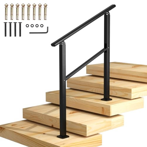 Homtone Rampe d'escalier 90 x 90 cm, rampes en fer noir mat pour escaliers extérieurs, convient aux rampes de transition de 2 à 3 marches avec kit d'installation de main courante, pour jardin