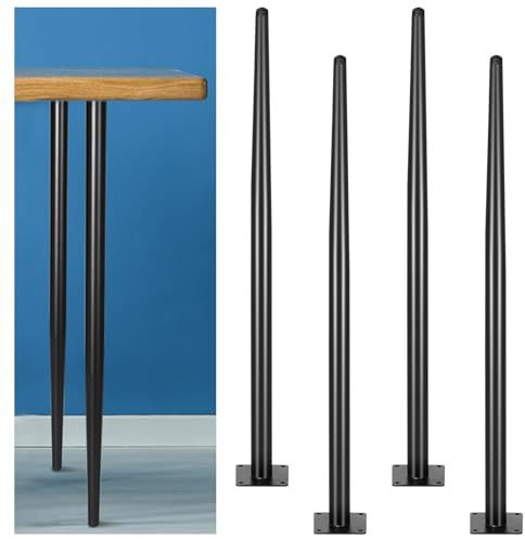 DoubleFill 4 Pack 34 Inch Metal Table Legs Round Tapered Furniture Legs Heavy Duty Replacement Chair Feet with Mounting Screws and Plastic Mats for Sofa Coffee Table Desk Bar DIY Projects, Black