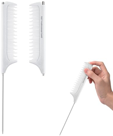 Jurrissa Rat Tail Combs for Parting, Protable Retractable Rat Tail Comb, Parting Combs for Hair Stylist, Fine Tooth Teasing Comb Stainless Steel Pin Tail, Easy to Carry (White)