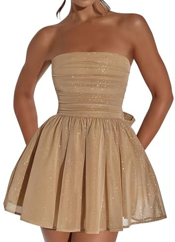 Hanaoops Pailletten Glitzer Minikleid Sexy Damen Schulterfreies Tube Bodycon Kleider Trägerlos Kurze Glitzerndes Tüllkleid Elegante Ohne Ärmel Rückenfrei Figurbetontes Bandeau Partykleid