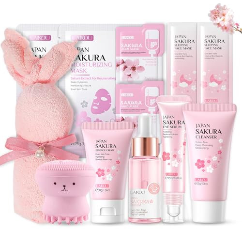 Shefave Sakura Gesichtspflege Set Damen, Skincare Set mit Reiniger, Serum, Creme, Augenserum, Gesichtsbürste, Handtuch, Schlafmaske, Skin Care Adventskalender, Beauty Set Teenager Mädchen