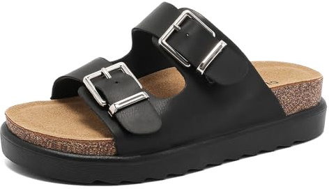 Pantoletten Damen mit Kork-Fußbett Bequeme Lässige Sandalen, Schlappen für Sommer mit Einstellbare Schnalle Rutschfest Hausschuhe mit EVA dicken Sohlen