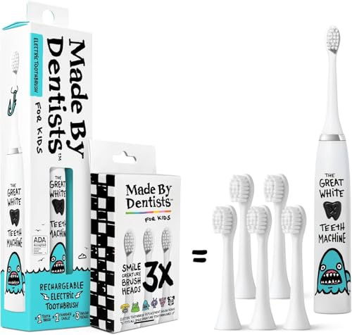 Made by Dentists Kids Electric Toothbrush - Rechargeable Vibrating Toothbrush with Timer, Includes 6 Replacement Heads, Gently Cleans Teeth, Kid & Toddlers Age 2+, Shark