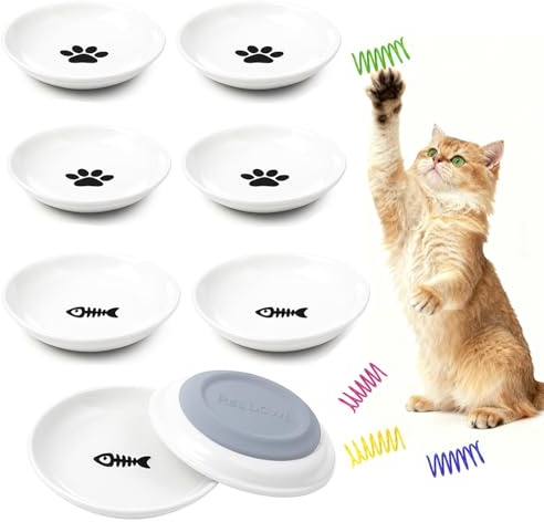 Cat Bowls Ceramic Cat Food Bowl-Shallow Kitten Bowls, Whisker Fatigue Cats Dishes for Wet Dry Food and Water, 15cm Wide Pet Feeding Plates for Cats and Dogs, Non-Slip Base (8pc)
